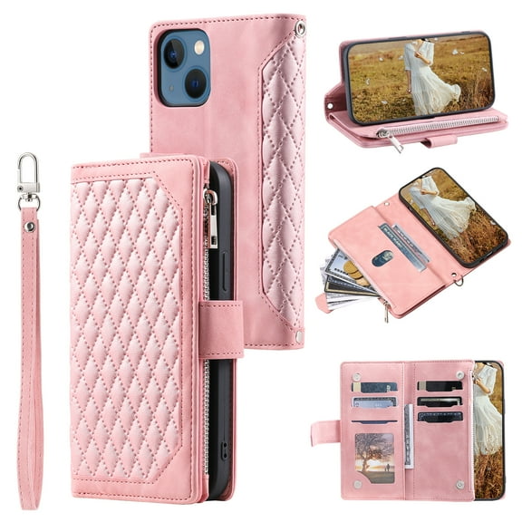 Wallet Case for iPhone 13 Mini, PU Leather Magnetic Flip Phone Case with Kickstand Card Slots Wrist Strap Cover for iPhone 13 Mini (5.4 Inch),Rosegold