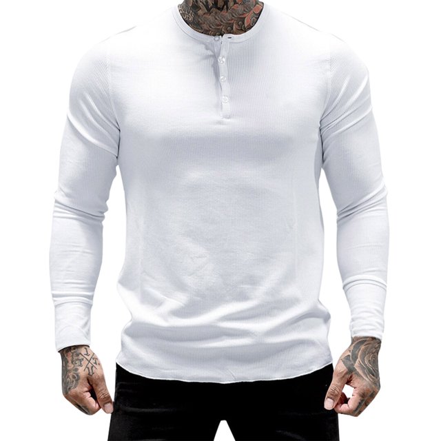 HBFAGFB Chemises de Travail à Manches Longues pour Hommes Décontractées à Rayures Boutonnées Col Rond Tops Polyvalents Blanc Taille 2TG