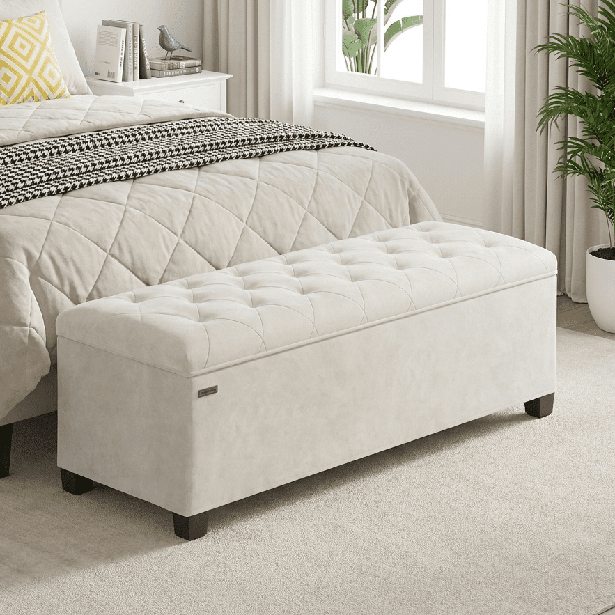 LEDREM 43-Inch Velvet Storage Ottoman Bench with Removable Cover, 660LB Capacity Multi-Functional Footrest for Living Room & Bedroom, Cream White