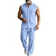 thumbnail image 2 of LEKWK Men Linen Sets Outfits 2 Piece Sleeveless Button Down Collared Tops and Wide Leg Pants Lightweight Loose Fit Solid Summer Beach Vacation Sets, 2 of 5
