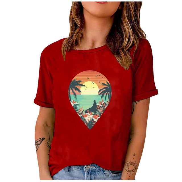 RKSTN T-Shirts Graphiques pour Femmes Mode Imprimée Col Rond Manches Courtes T-Shirt Style Plage d'Été Blouse Décontractée Ample