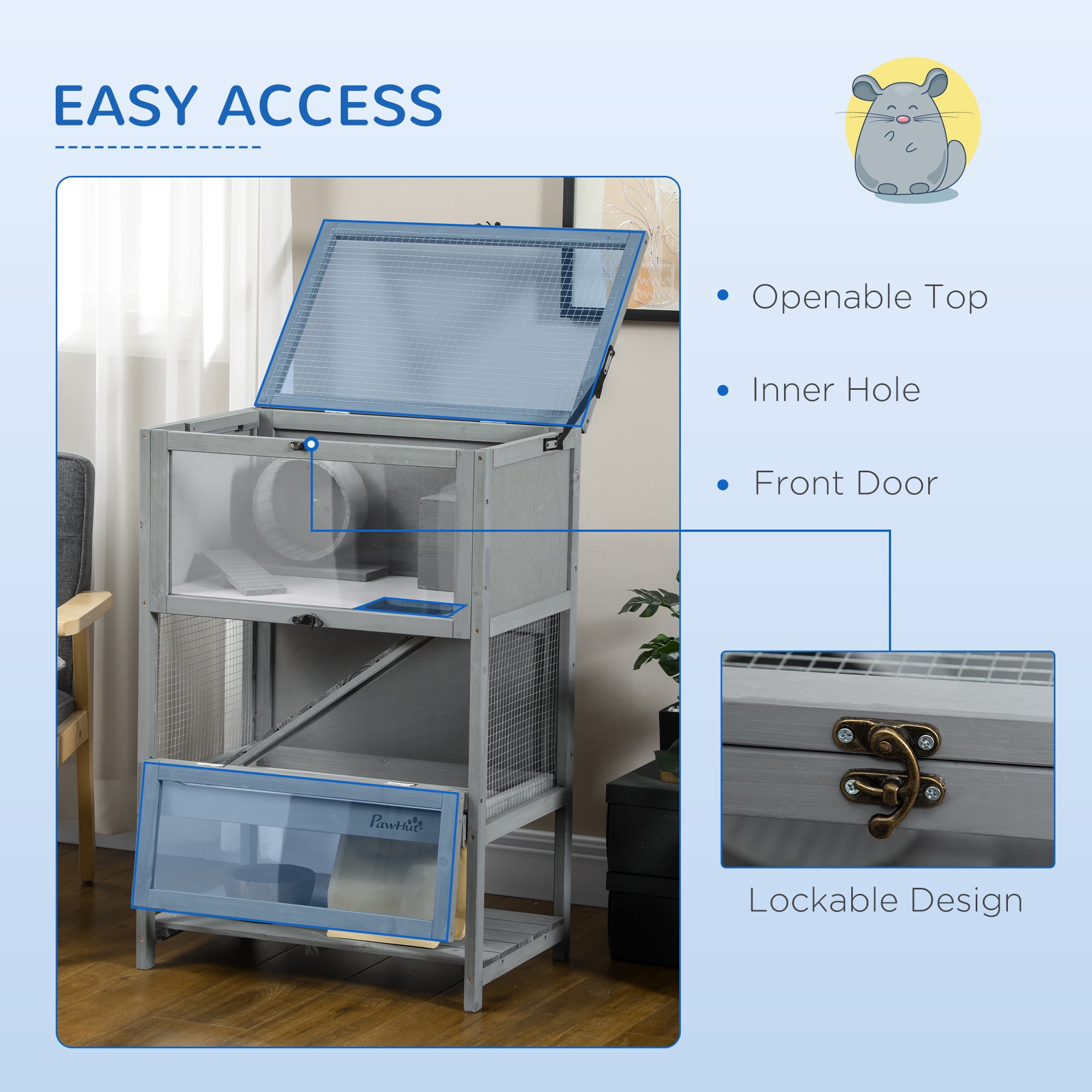 Wooden Hamster Cage with Storage Shelf, Large Hamster Cage Including Seesaw, Small Animal Cage with Sliding Tray, Wide Ramp for Racing, Running Wheel, 35.5" H