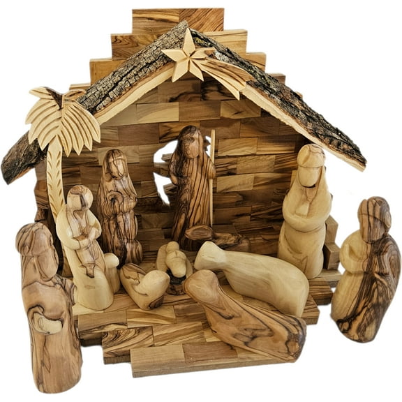 Holy Land Market Traditional Olive Wood Nativity Set - Antique Style Bethlehem Stable, 12 Handmade Pieces - Christmas Decorations Indoor for Christmas Christians, Table Decor with Booklet