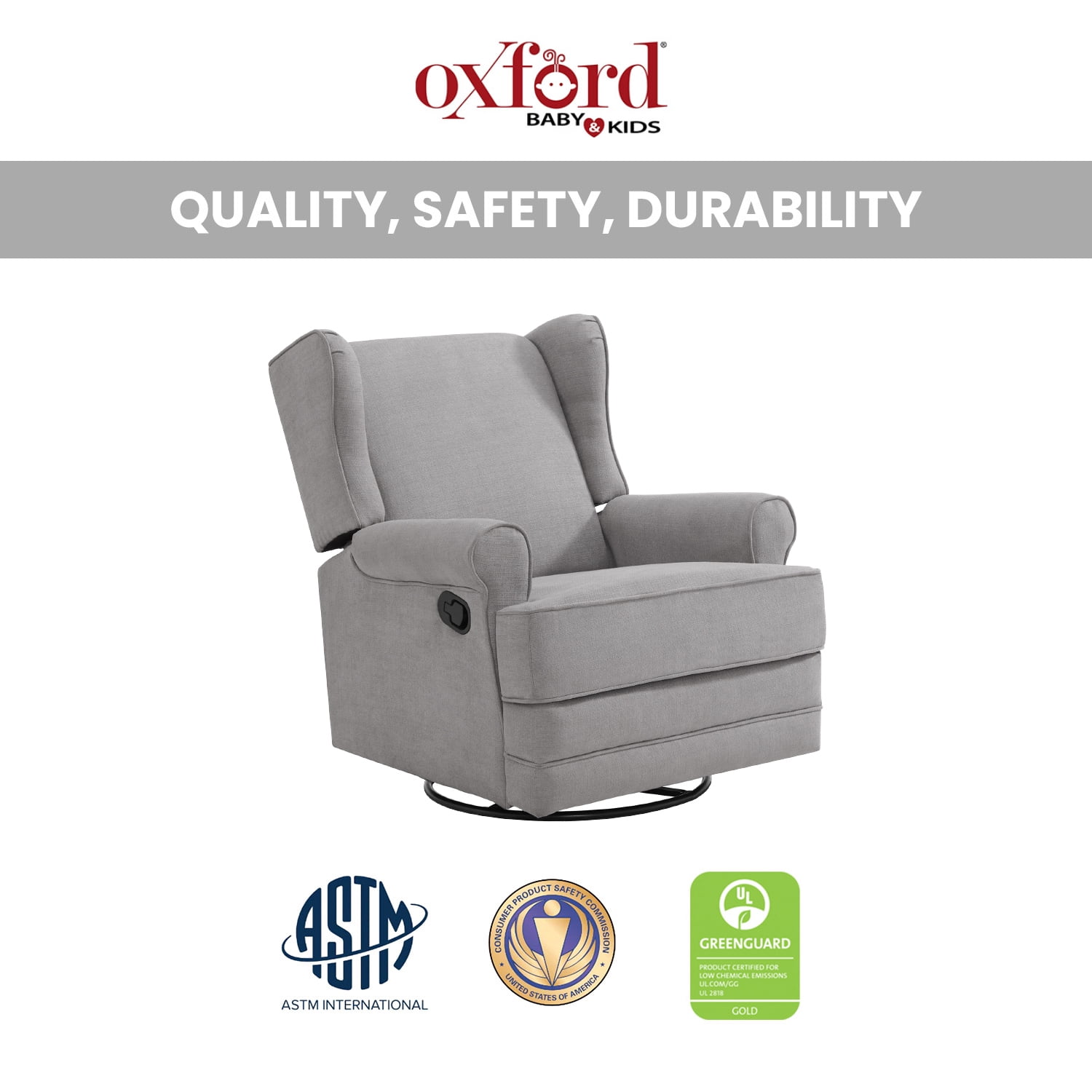 Oxford Baby Teegan Upholstered Glider Recliner Rocking Chair 360° Swivel for Nursery and Living Room – Gray​