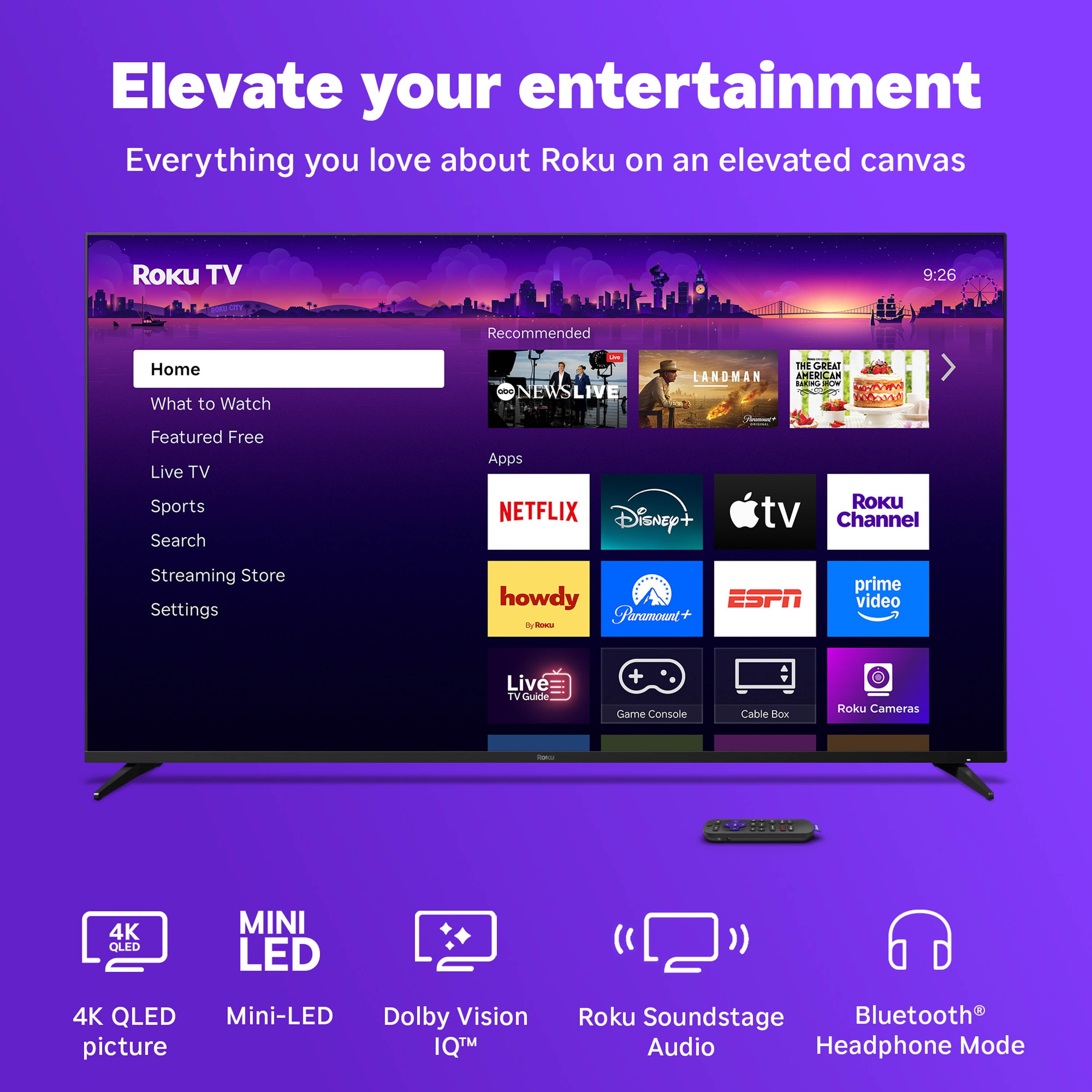 Roku Smart TV – 65- Inch Pro Series, 4K QLED Mini-LED TV – Roku TV with Backlit Voice Remote Pro