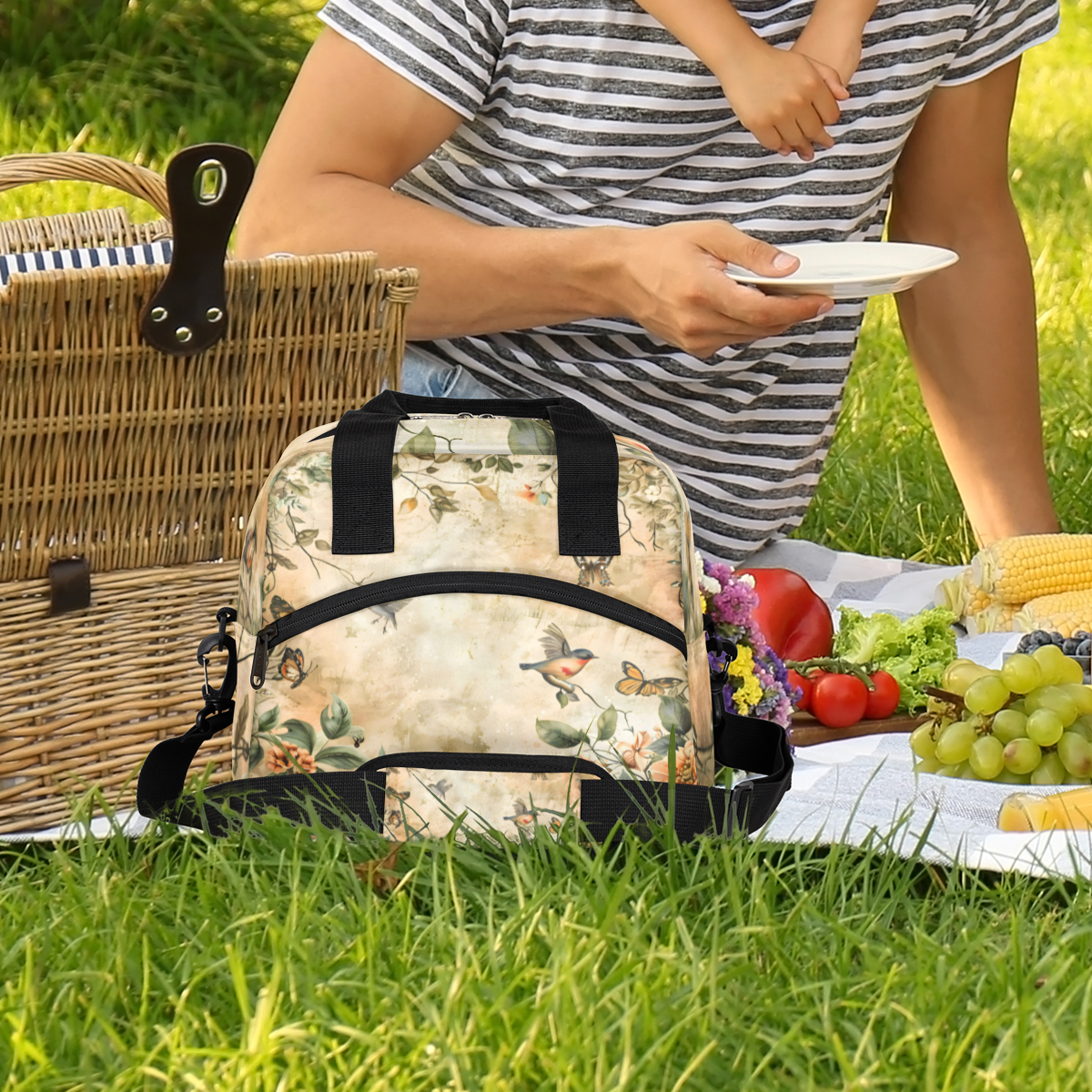 Herdesigns Vintage Birds Flower Insulated Lunch Bag for Women Men Adults Large Reusable Lunch Box Leakproof Portable Cooler Tote Bags with Adjustable Shoulder Strap