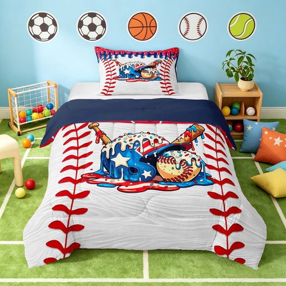 Manfei Cartoon Baseball Twin Comforter Sets, Kawaii Sport Bedding Set, Red Blue White Multicolor, Navy Reversible 2-Piece 1 Comforter and 1 Pillowcase