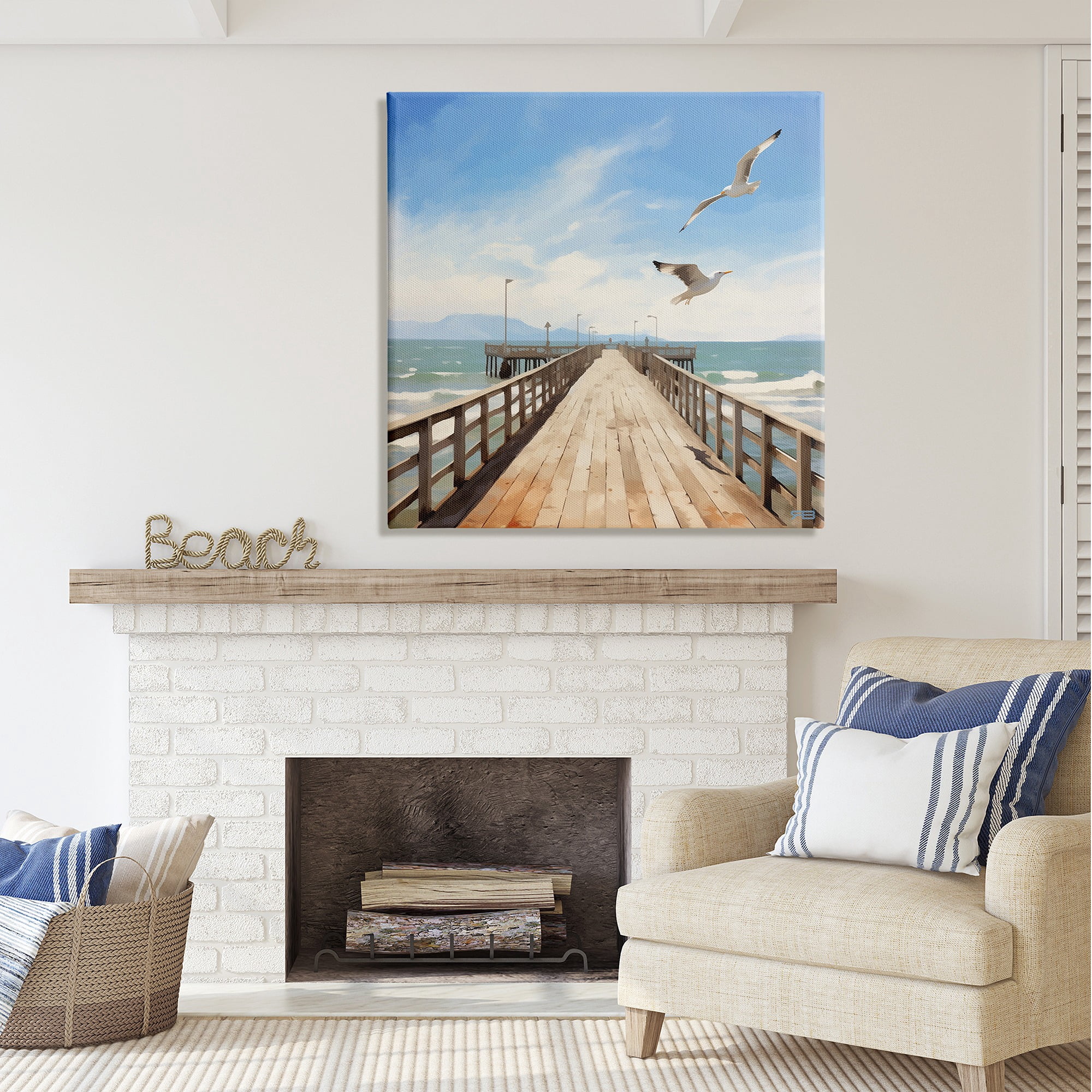 Stupell Industries Seagulls over Pier Landscape Painting Gallery Wrapped Canvas Art Print Wall Art, 36 x 36