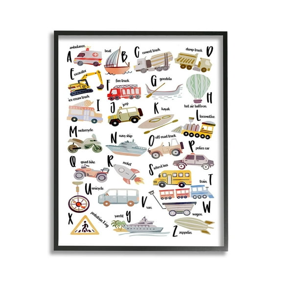 Stupell Industries Educational Automobile Alphabet Transportation Painting Black Framed Art Print Wall Art, 11 x 14