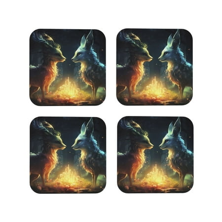

Tideii Firefly Forest Fox for Leather Coasters 4 Pieces Anti-fouling and Anti-scalding Decorative Coasters Suitable for Restaurants Kitchens Coffee Shops-Square
