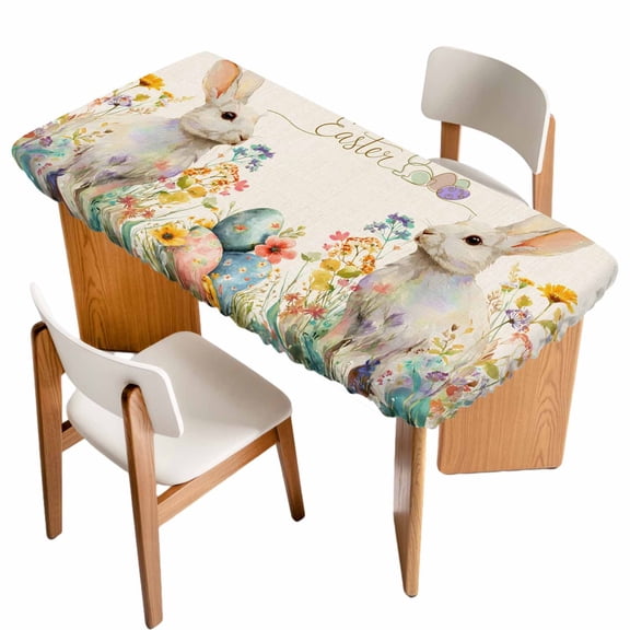 Easter Bunny Table Cloths for 6 Foot Rectangle Tables, Rabbit Spring Flowers Leaves Vintage Rustic Plants Patio Waterproof Elastic Fitted Tablecloths, Washable Rectangular Table Cover for Camping