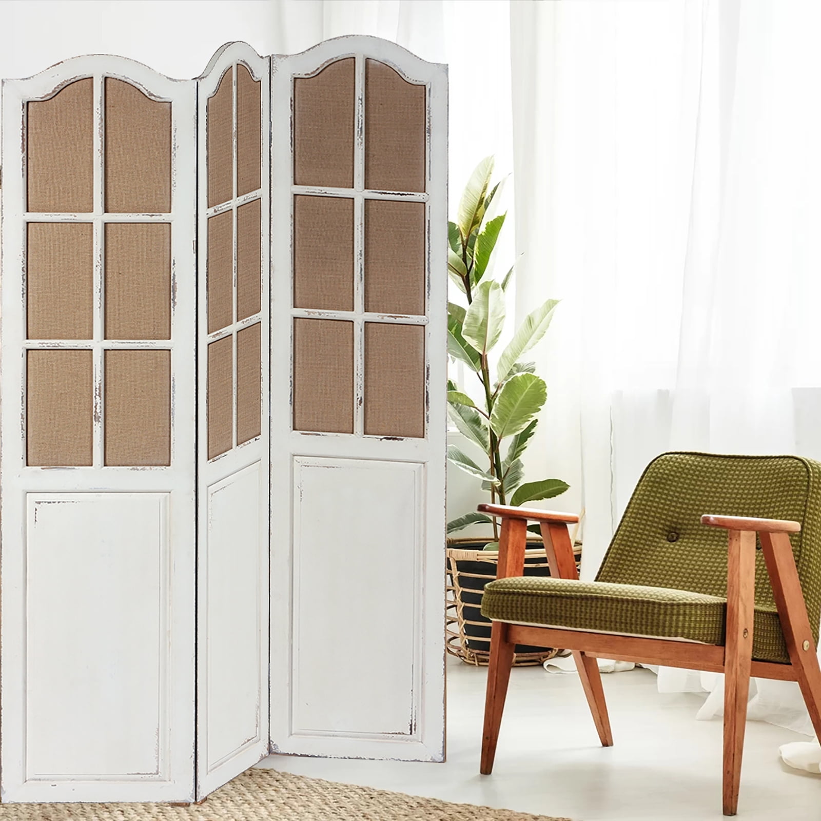Room Divider 3 Panel Folding Solid Wood and Linen Handcrafted Freestanding Privacy Screen 6Ft Tall White