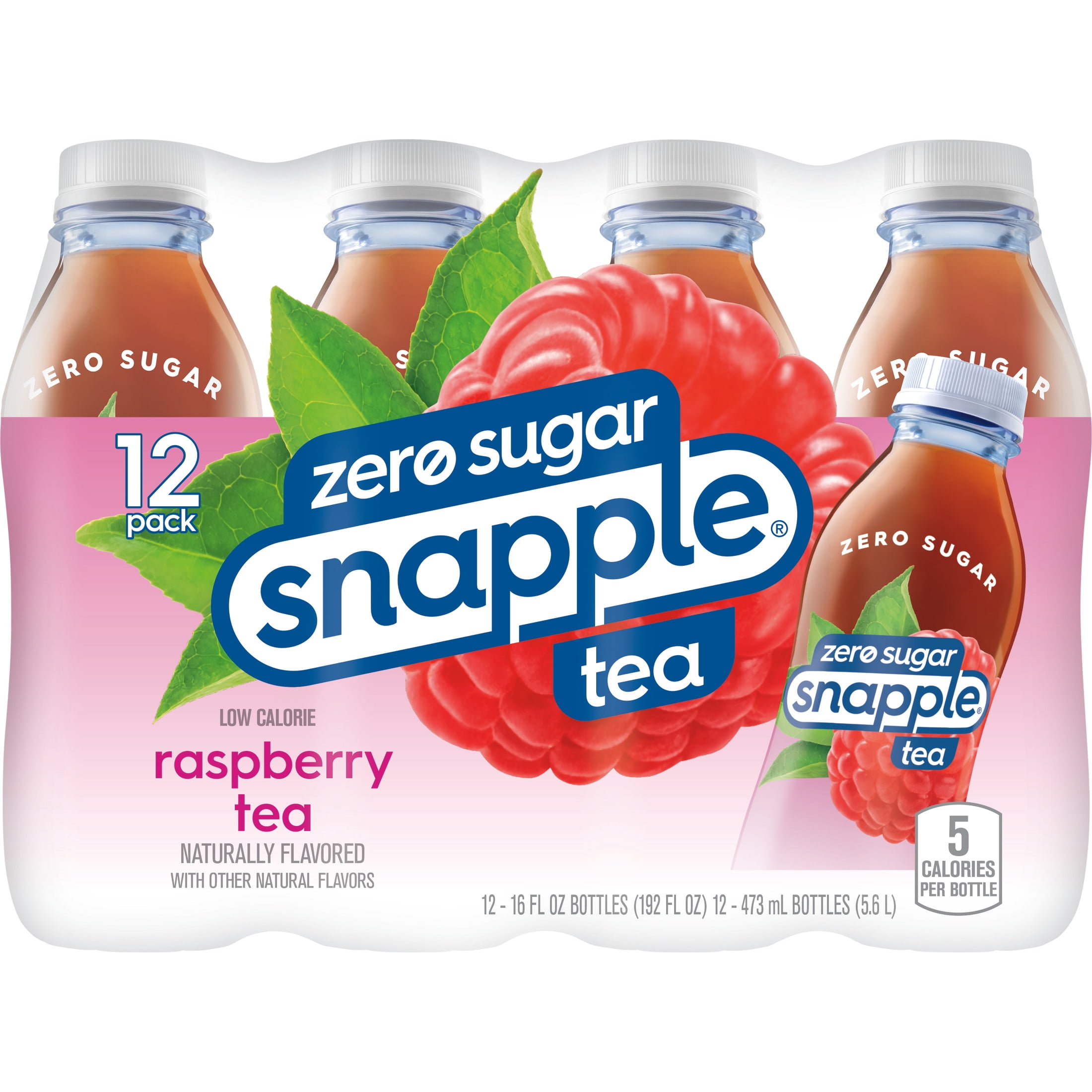 Snapple Zero Sugar Raspberry, Bottled Tea Drink, 16 fl oz, 12 Bottles