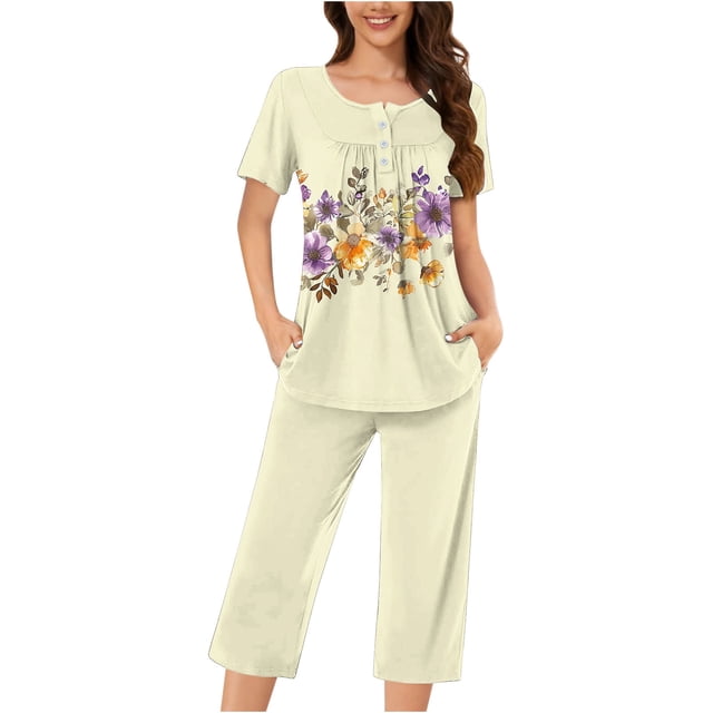 Aqestyerly Ensemble de Pyjama, Ensemble de Pyjama Décontracté pour Femmes avec Blouse à Manches Courtes et Col Rond et Pantalon Confortable Beige(S)