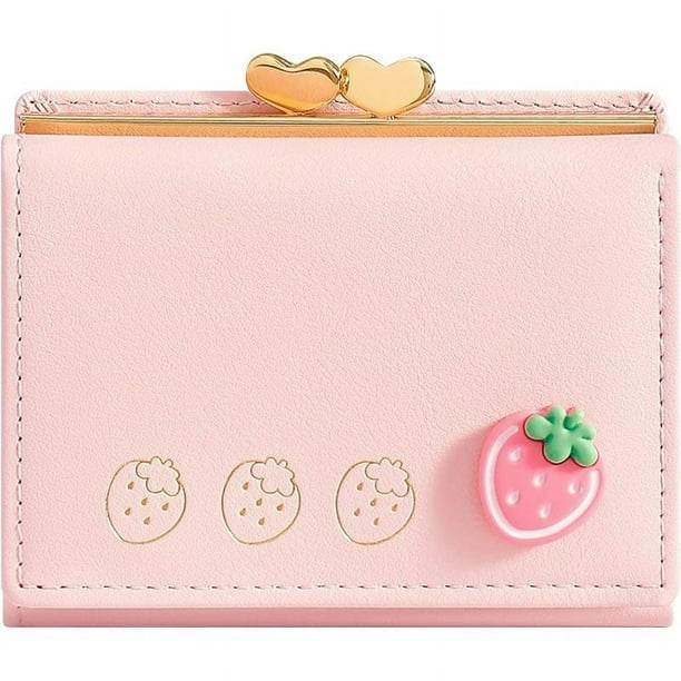 Titular de la tarjeta de la cartera, pequeño monedero plegable con bloqueo RFID, linda pequeña cartera de bolsillo de cuero para mujeres, niñas, señoras (rosa bebé)