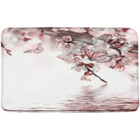 Butterfly Flower Bath Mat Cherry Blossoms Floral Spring Plum Flower Monarch Butterflies Flying Spa River Dreamy Fantasy Microfiber Memory Foam Bathroom Rugs 17×30 Inch.