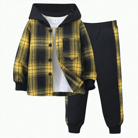 Toddler Clothes For Boys Kids Spring Fall Checkered Plaid Long Sleeve Stretch 2T 3T 4T 5T Hoodie Sweatshirt Tops and Casual Pants Outfits 2 Pcs
