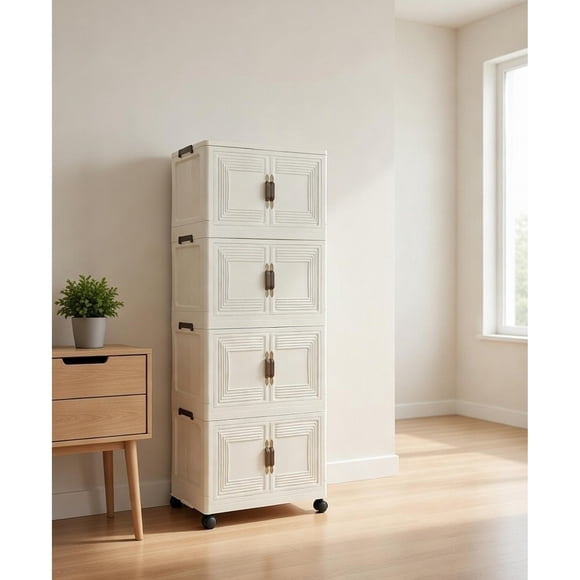 Toytexx 4-Tier Folding Storage Cabinet with Doors and Wheels, Stackable Plastic Organizer