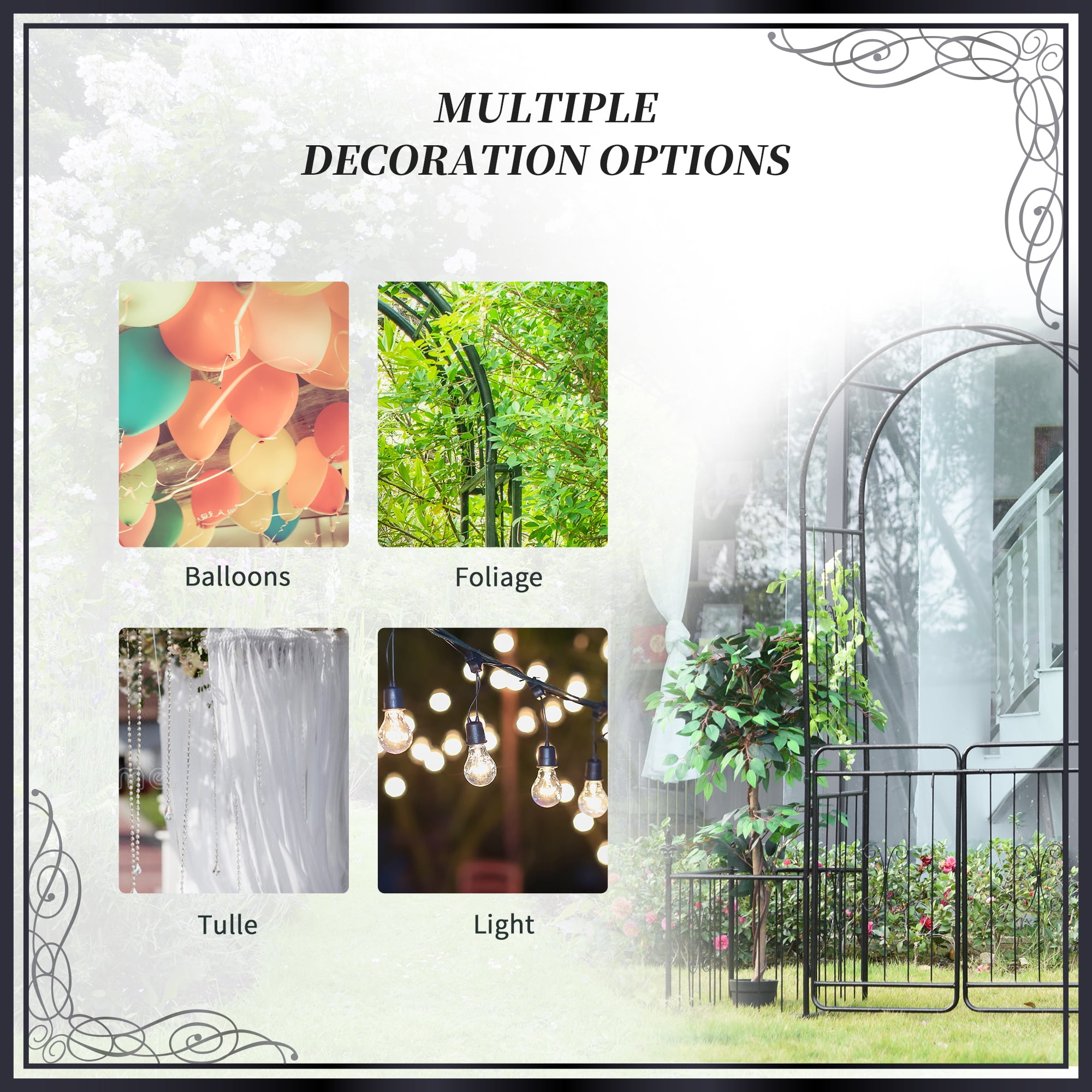 86" Garden Arbor Arch Gate with Trellis Sides for Climbing Plants, Wedding Ceremony Decorations, Grape Vines with Locking Doors, Planter Baskets, Flourishes & Arrow Tips, Black