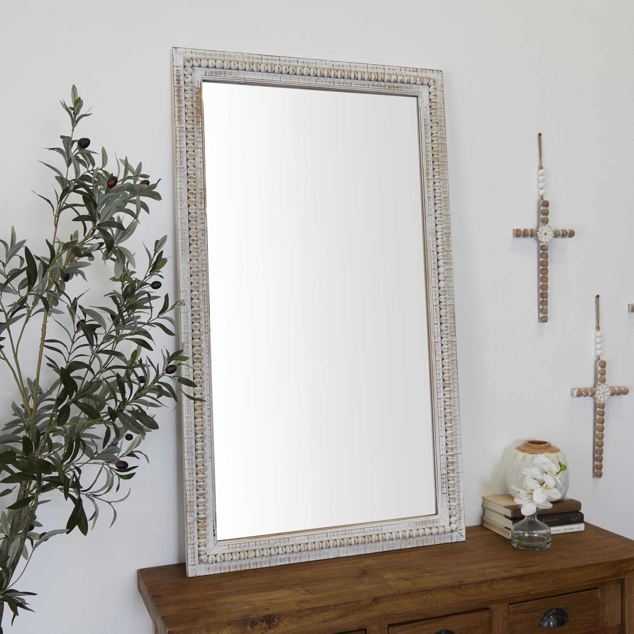 DecMode 28" x 48" White Carved Beaded Wall Mirror
