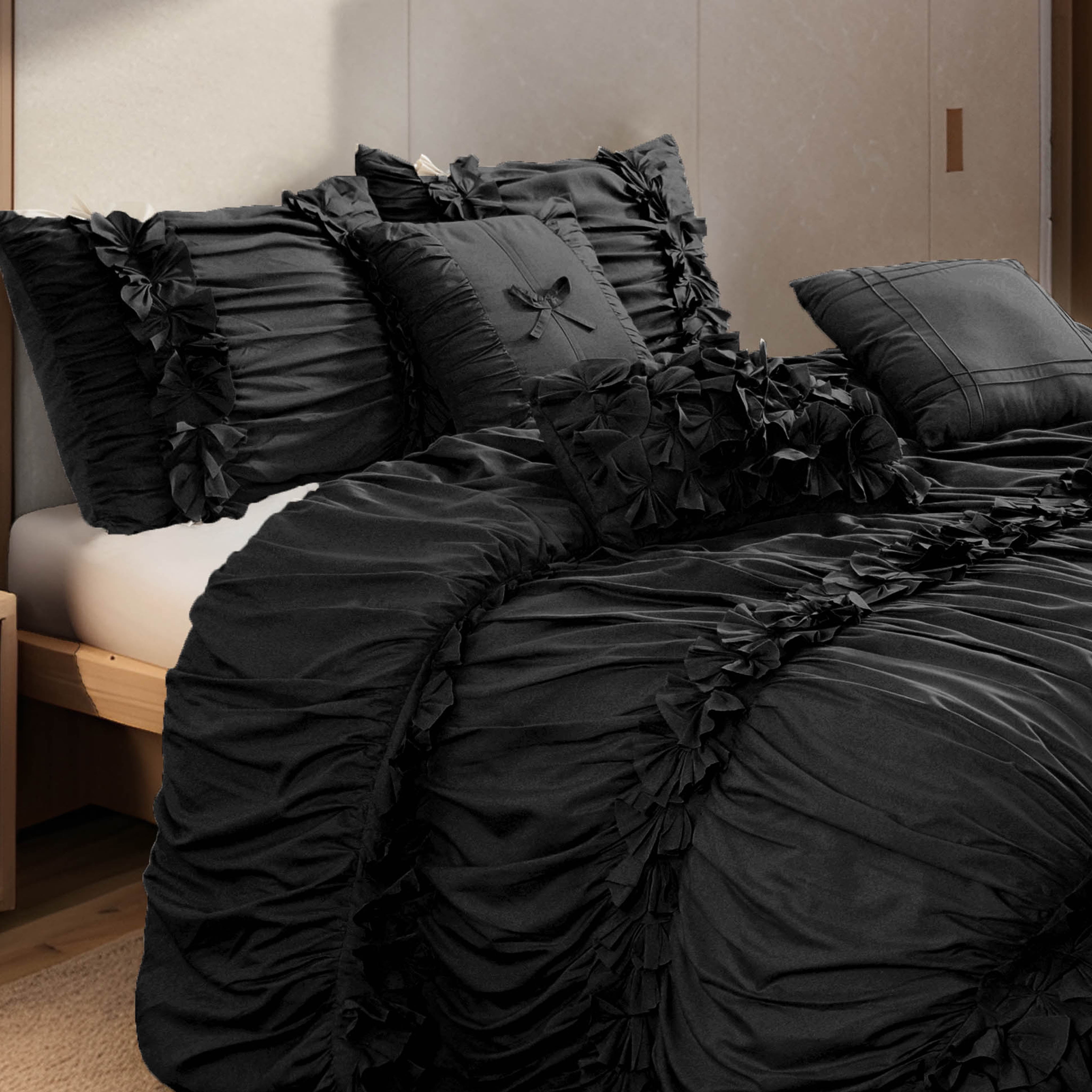 EvJk 7 Piece Ruched Pleat Comforter Set, Black Romantic Bed in a Bag, King