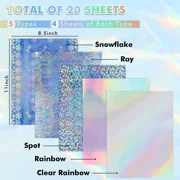 Koala Holographic Sticker Paper for Inkjet + Laser Printers, 20 Sheets Mixed 8.5x11 inch Printable Vinyl Sticker Paper, Dries Quickly Waterproof Sticker Paper
