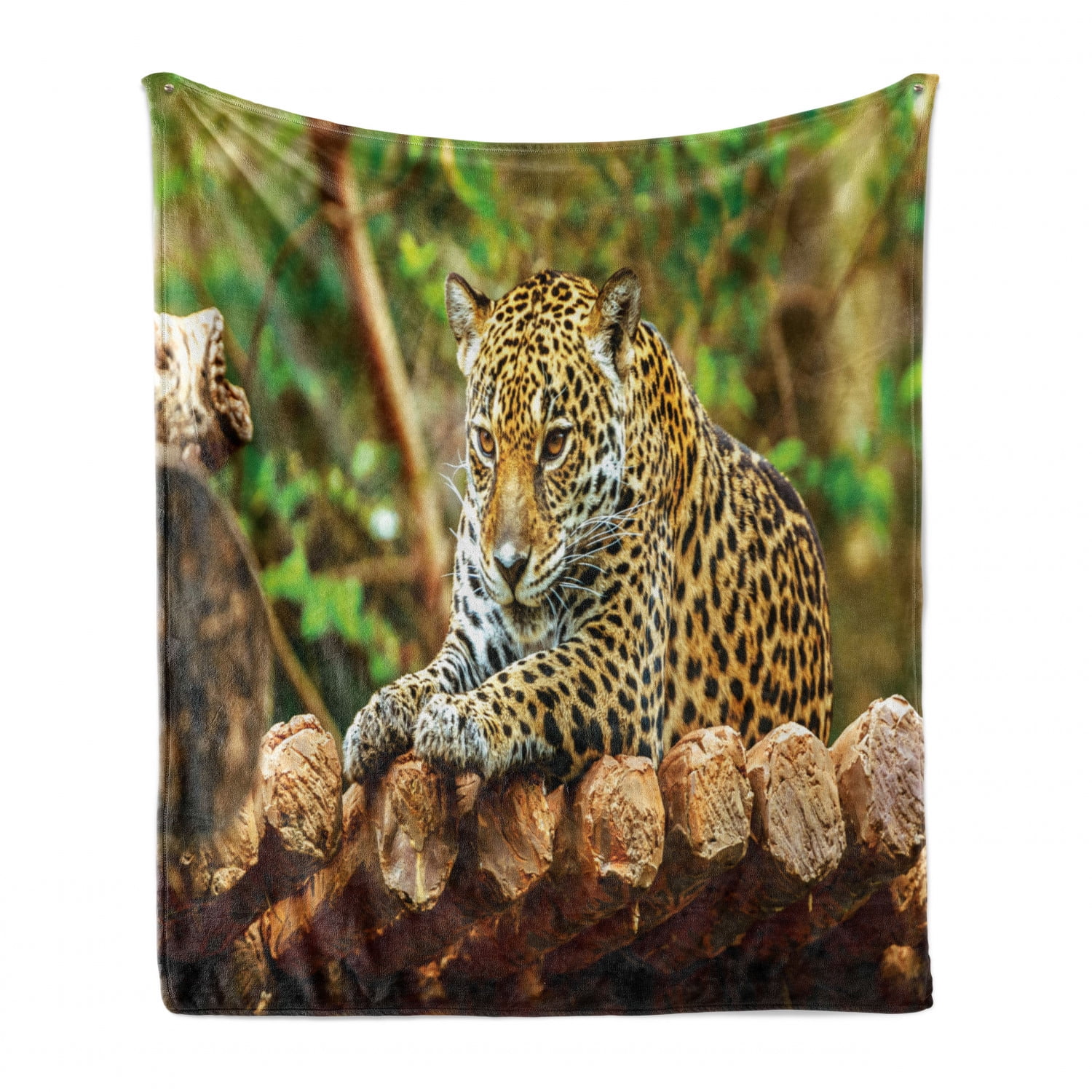 Zoo Soft Flannel Fleece Throw Blanket, Jaguar on Wood Floor Wildlife