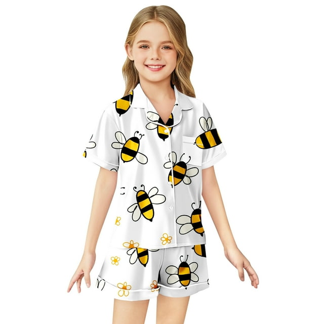 SXcggal Ensemble de Pyjama Imitation Soie Imprimé pour Filles, Manches Courtes, Léger et Mignon