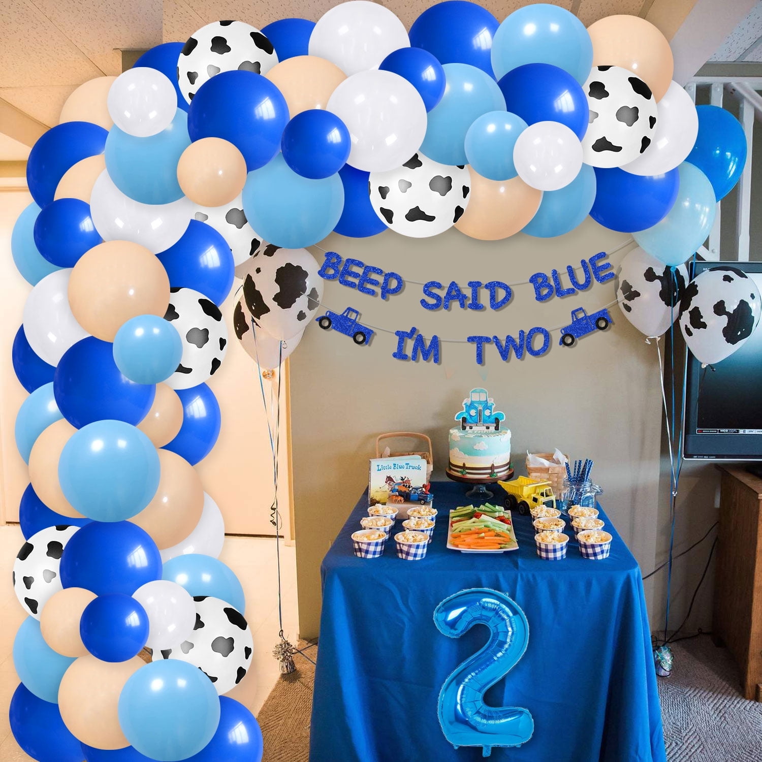 Little Blue Truck 2nd Birthday Party Decoration, Little Blue Truck Birthday Party Supplies with Beep Said Blue I'm Two Glitter Banner and Blue White Latex Balloon Arch for Boy Girl 2nd Birthday Party