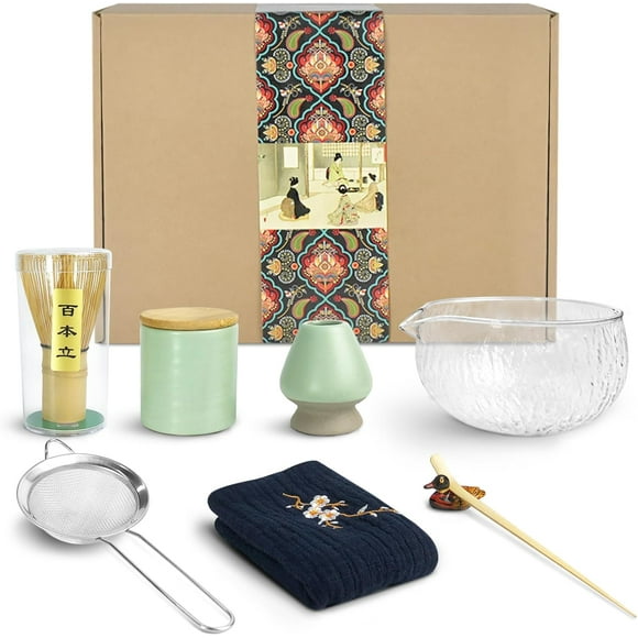 TEMOGU-9-Piece Japanese Tea Set, Matcha Bowl, Whisk, Scoop, Holder, Powder Caddy, Handmade Ceremony Kit for Japanese Tea Ceremony (Viridis)