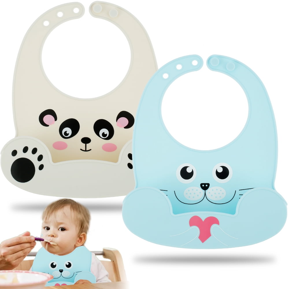 Adjustable Waterproof Silicone Toddlers Baby Bibs With Roll Up Pocket Soft 