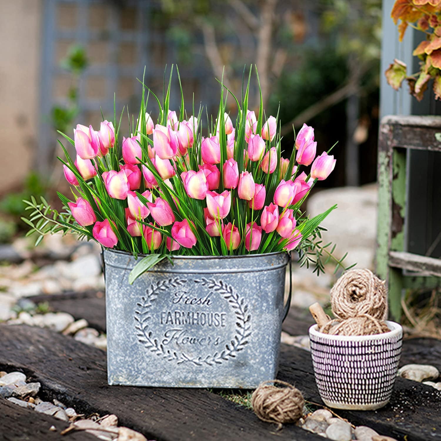 Outdoor Artificial Tulips Fake Flowers UV Resistant Faux Plastic Greenery Shrubs Plants for Home Outside Garden Porch Window Farmhouse Decor (Light Pink)