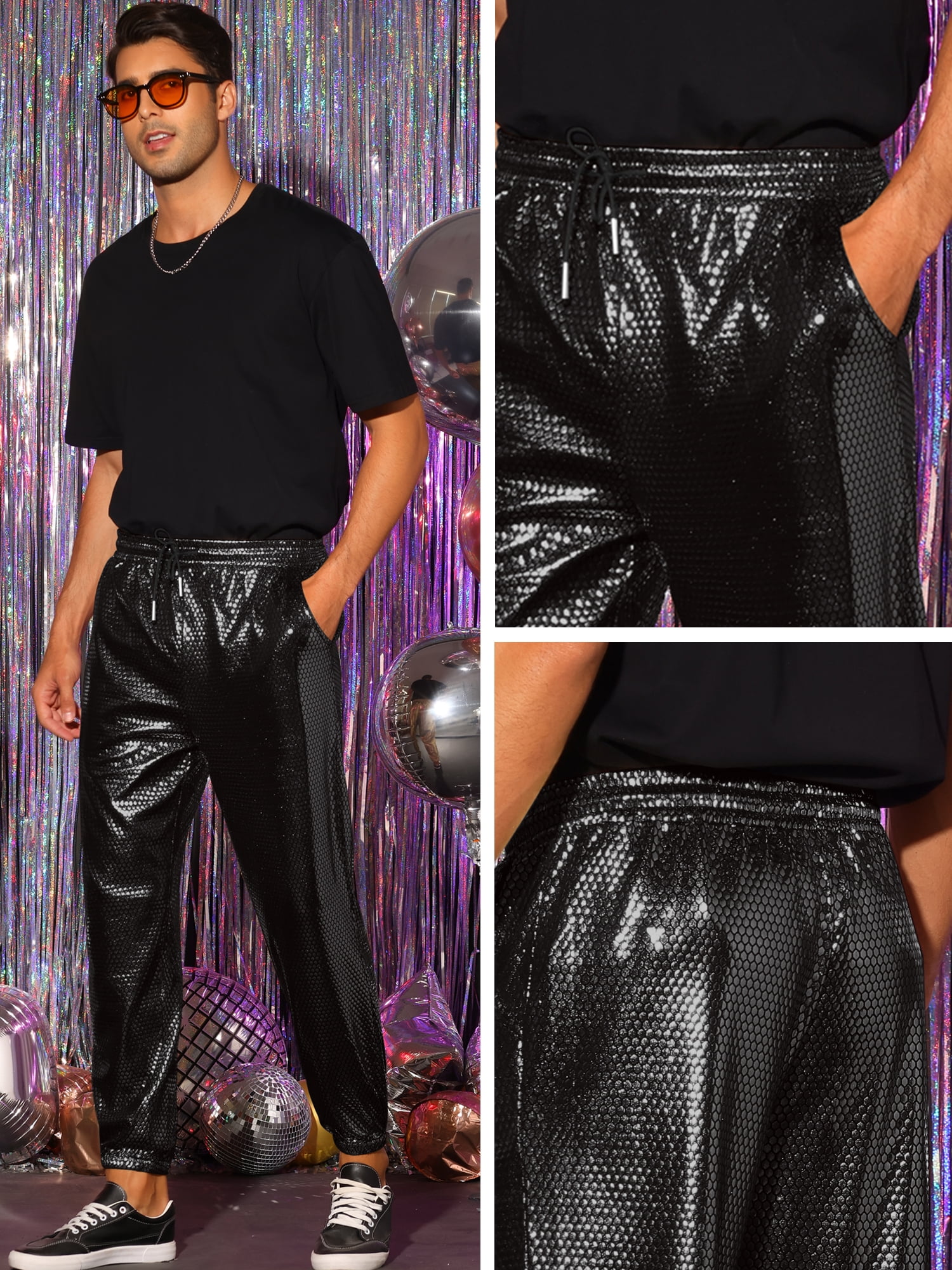 Unique Bargains Men's Metallic Joggers Drawstring Waist Party Club Shiny  Disco Pants 32 Black - Walmart.com