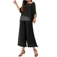 thumbnail image 3 of lcziwo Women's Mother of The Bride Pant Suits 2 Piece Sets Casaul Chiffon Sequin Short Sleeve Tshirts and Flowy Wide Leg Capri Pants Wedding Guest Evening Party Gowns Black XXL, 3 of 7