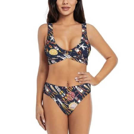 Zeuib Cartoon Space 1 High Waisted Tummy Control Bikini Set - Knot Front Push Up Top & Cheeky Thong Bottom  Two-Piece Swimsuit for Women-Small