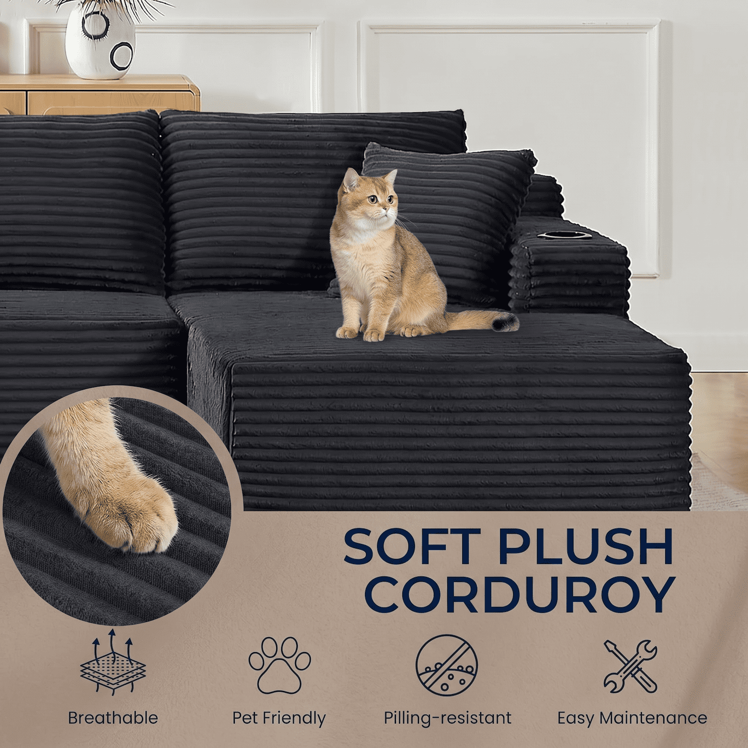 Xiweot Cloud Couch Modular Sectional Sofa for Living Room, 134" Oversized U Shaped Boneless Couch with Cup Holder & Storage Pocket, Corduroy Comfy Upholstered Deep Seat Sofa for Apartment, Dark Grey