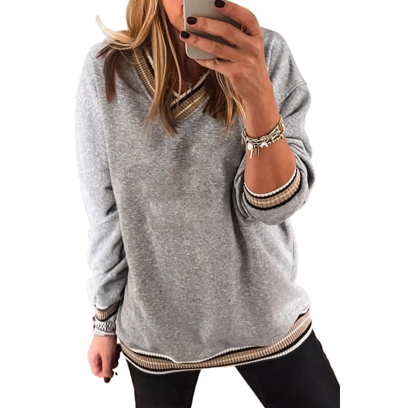 Women's Gray V-Neck Varsity Sweatshirt with Contrast Striped Trim – Casual Daily Wear Essential, XL