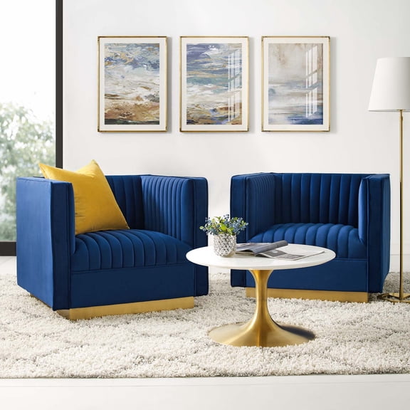 Modway Sanguine Vertical Channel Tufted Upholstered Performance Velvet Armchair Set of 2 in Navy