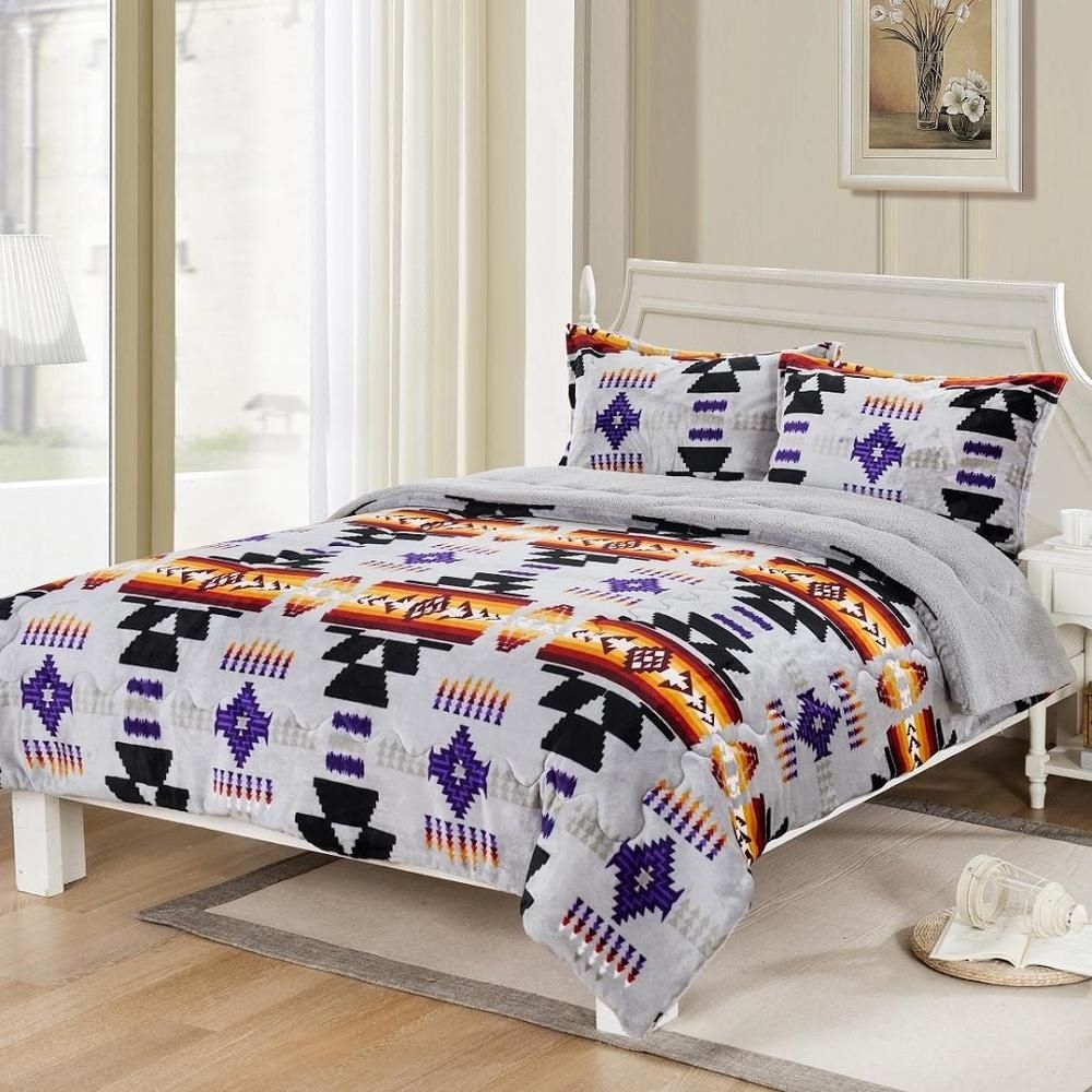 QUEEN Blanket 3 Pc Set Sherpa Fleece Southwest Gray Black Aztec Design Borrego