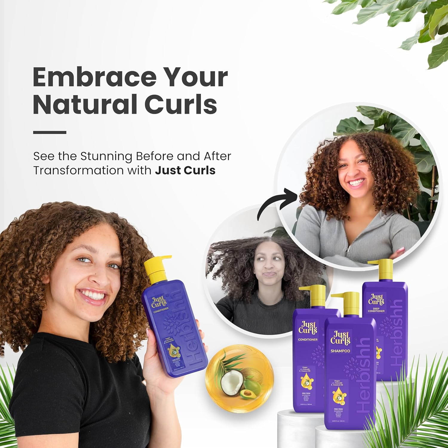 (2 pack) Herbishh Just Curls Coconut & Avocado Oil Infused Curly Hair Shampoo And Conditioner Set, Sulfate-free Vegan Kit For Curly Hair Care Women & Men Wavy, Curly Hair Products For Nourished Smooth Hair