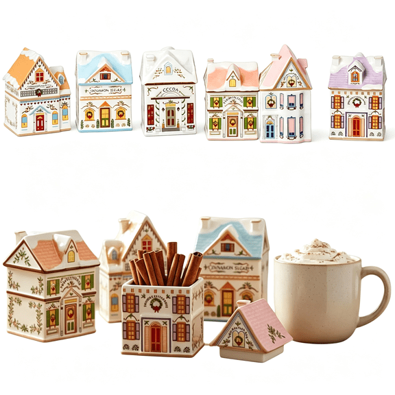 CYFW 6-Piece Mini Gingerbread House Spice Jars Set,Vintage Christmas Village Spice House Decor,Resin