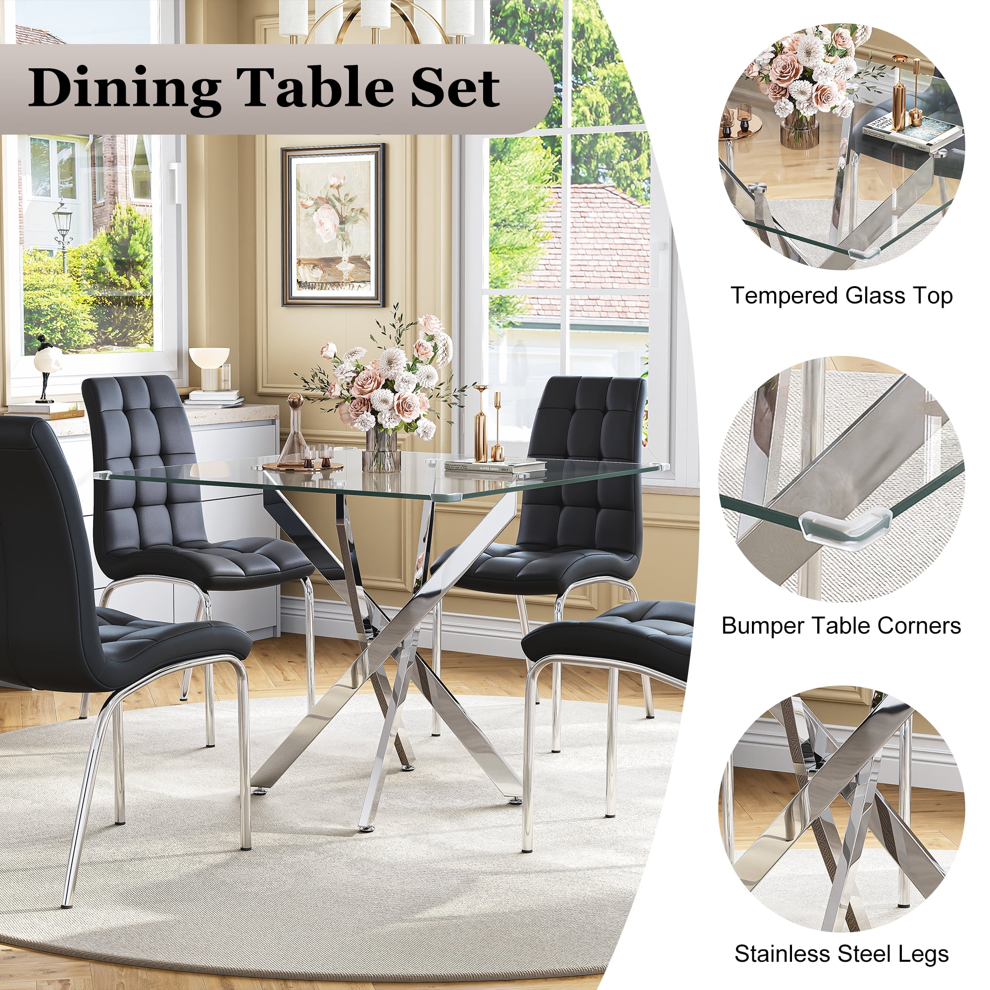 5-Piece 36" Square Glass Dining Set, Clear Tempered Glass Table & 4 PU Leather Chairs with Stainless Steel Legs for Kitchen, Meeting Room