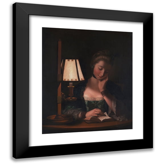 Henry Robert Morland 12x14 Black Modern Framed Museum Art Print Titled - Woman Reading by a Paper-Bell Shade