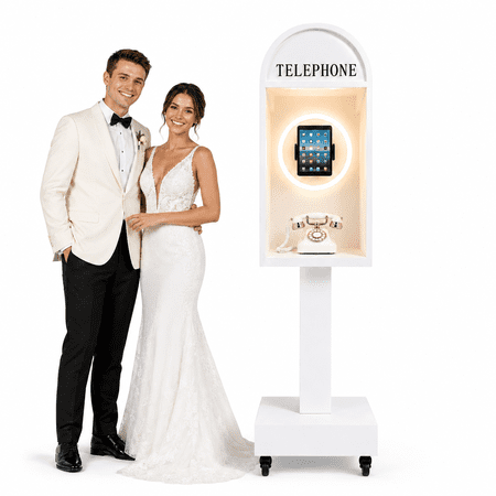 Wedding Telephone Booth Stand with Ring Light, Tablet Holder & Type-C Charging Port, 70.9" White Rolling Audio Guest Book Display Kiosk for Weddings, Parties & Events, iPad and Phone Not Included