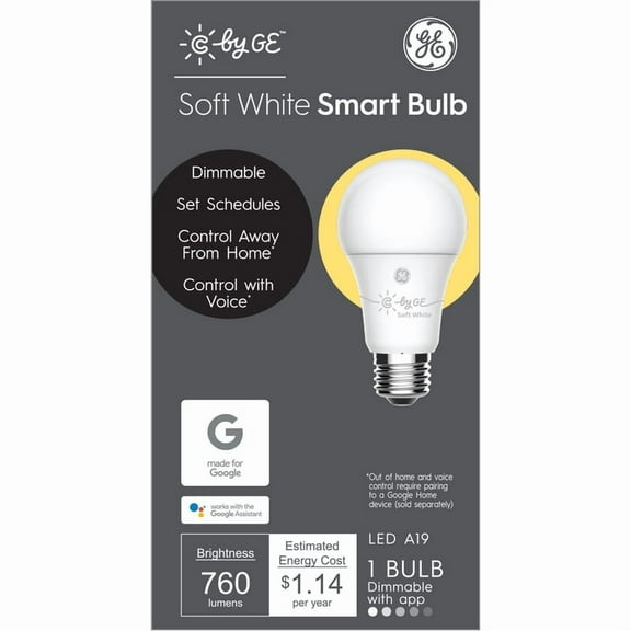 C by GE A19 Smart LED Light Bulb works with Google Assistant/Alexa/HomeKit, Soft White