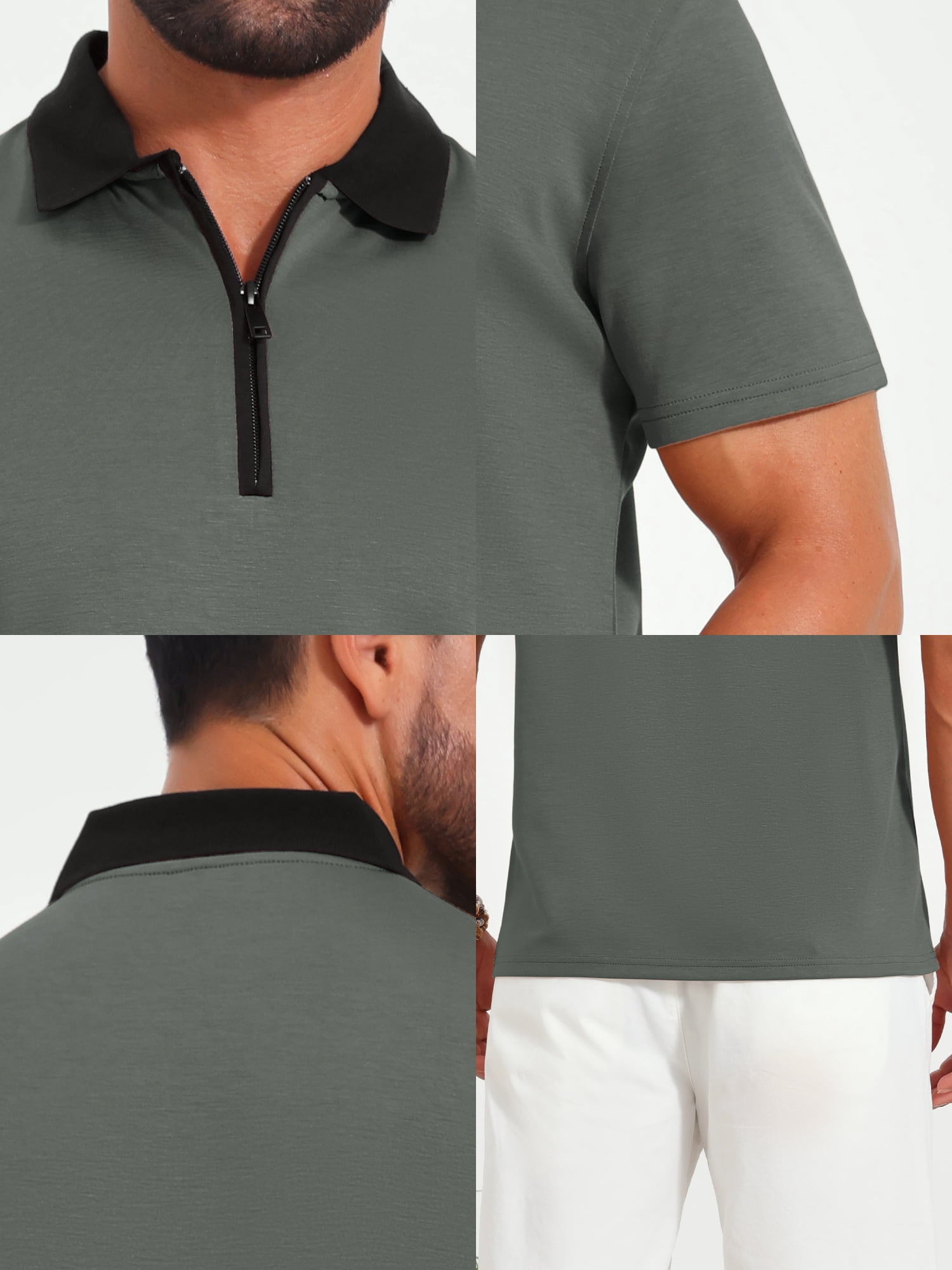 DARING DIVA Men's Zipper Closure Colorblock Short Sleeve Basic Polo Shirt M Dark Gray