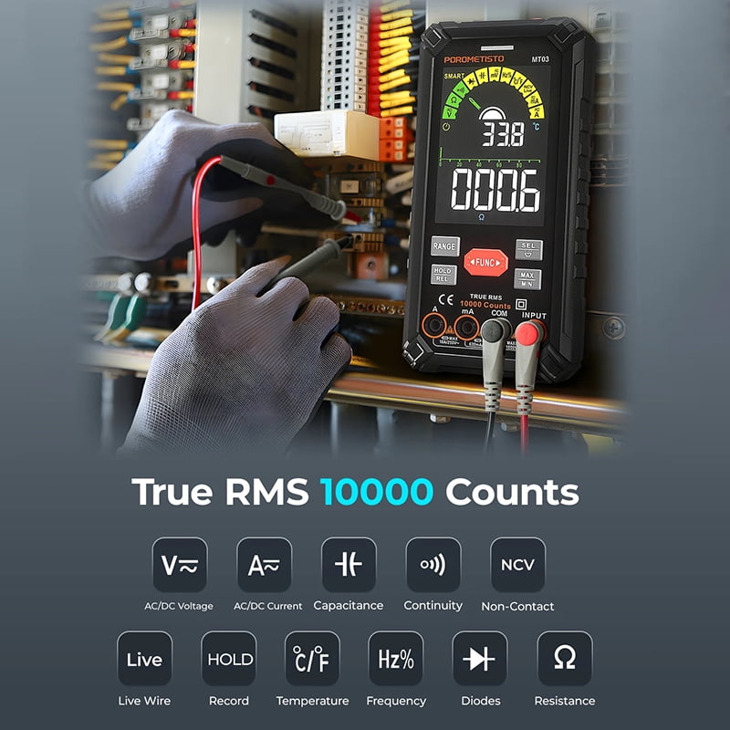 Smart Digital Multimeter, 10000 Counts, 1000V 10A, Non-Contact Voltage Detection, Auto Range, Buzzer Alarm Measures AC / DC Current, Voltage Capacitance Tester, Ohm, Hz, Capacitance, True RMS