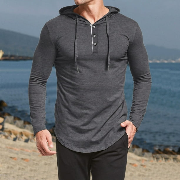 XZNGL Men Long Sleeve Shirt Men Casual Fashion Solid Pullover Hooded Long  Sleeve Sports Fitness Bottoming Shirt Top Sweater Denim Shirt Men Sweater