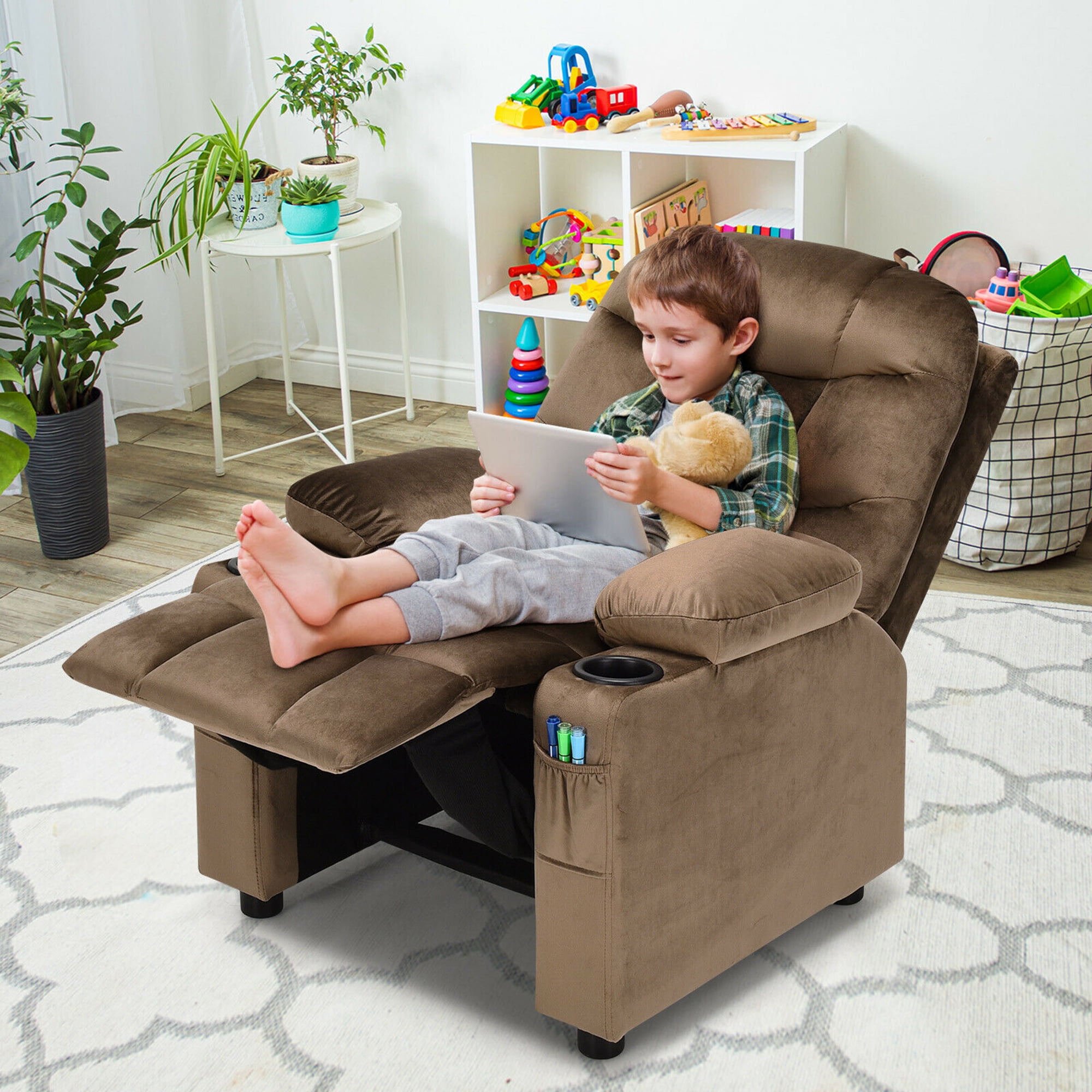 Gymax Kids Youth Recliner Chair Velvet Fabric w/Cup Holder & Side Pocket Brown
