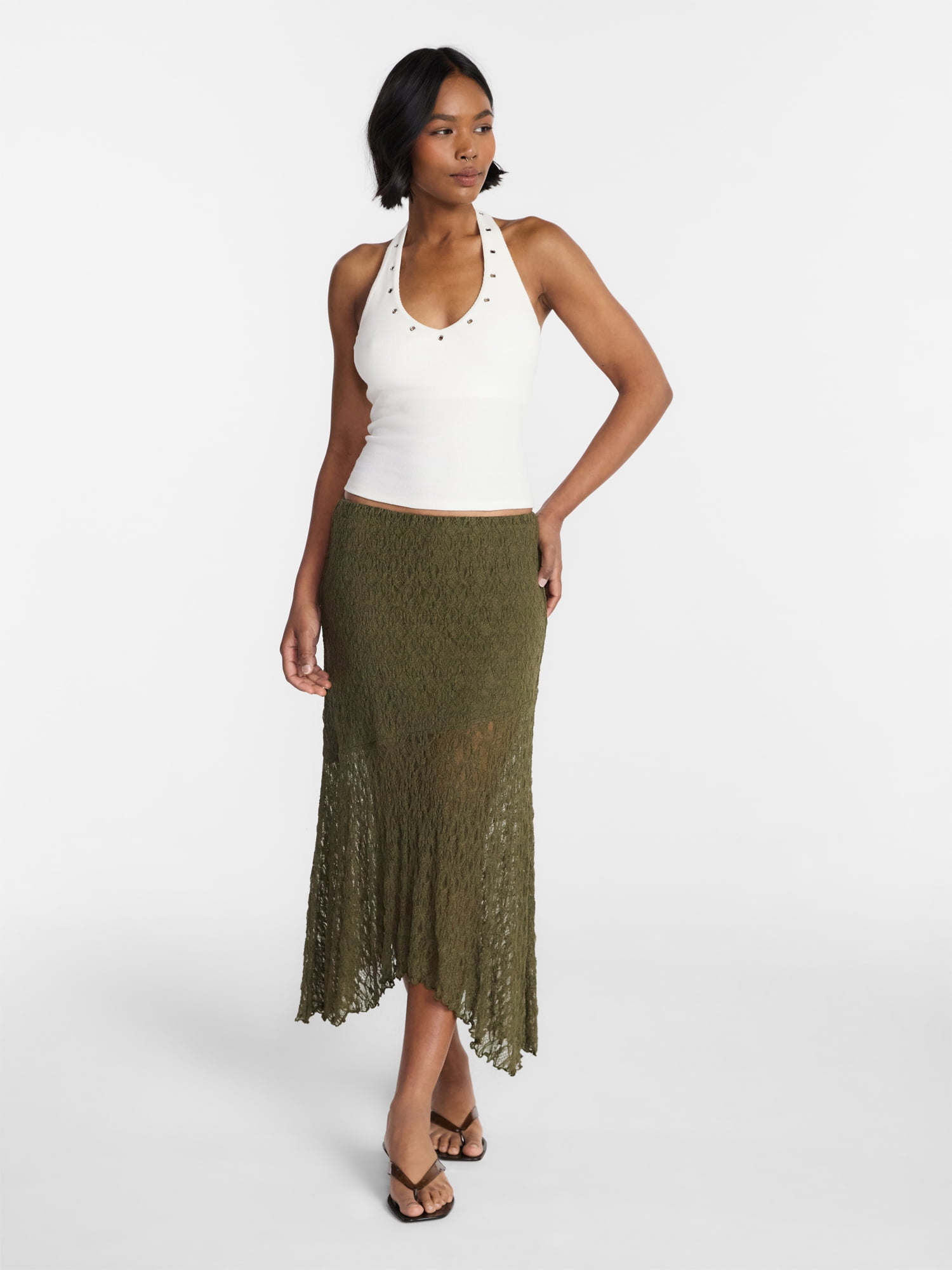 No Boundaries Asymmetrical Lace Midi Skirt, Women's XXS-XXL